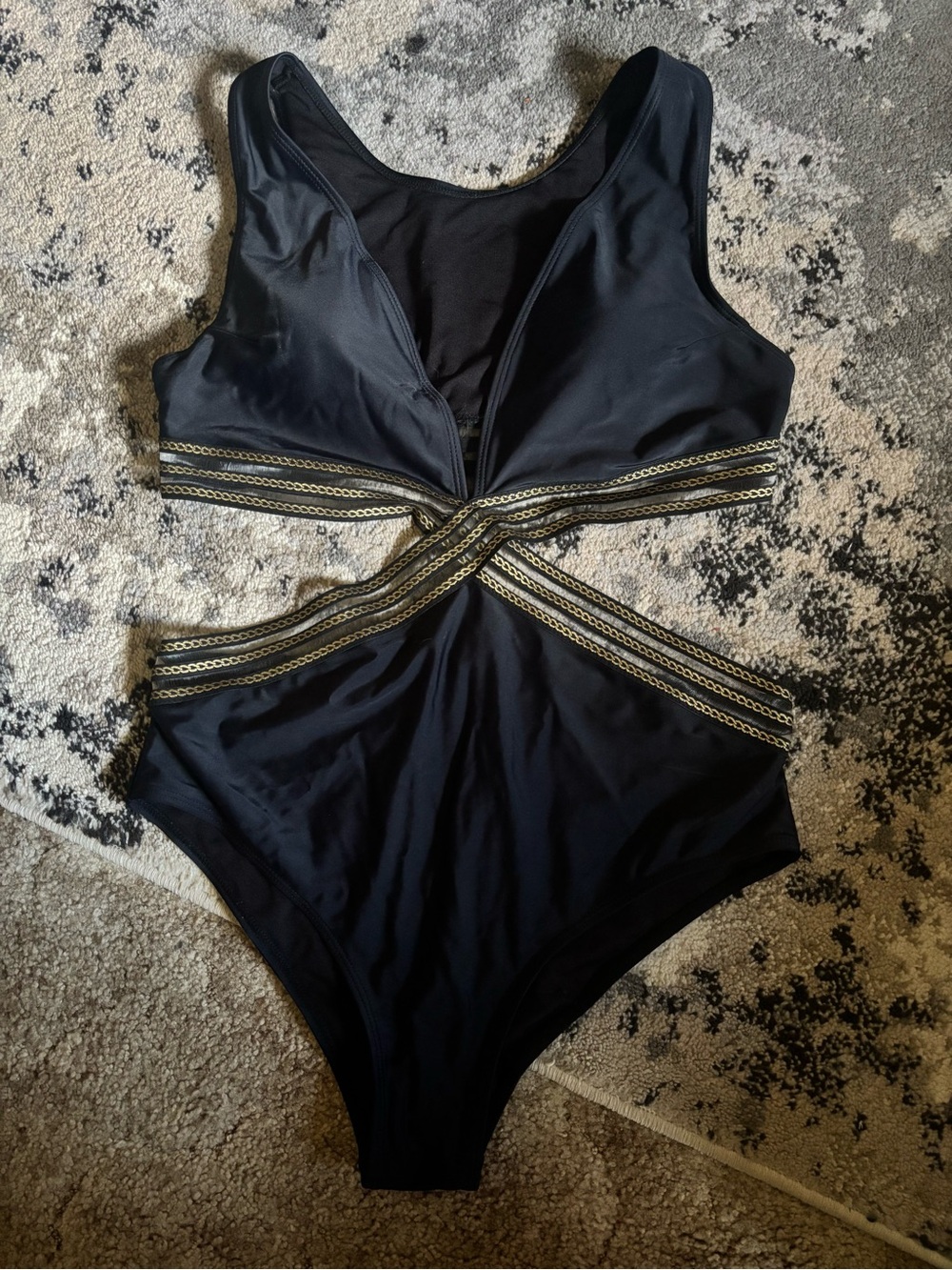 SHEIN Black One-Piece Swimsuit with Gold Trim Cutout